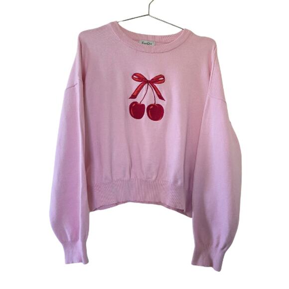 Faded Rose Sweaters - Faded Rose Pink Cherry Embroidered Sweater Womens Size L Soft Knit Long Sleeve